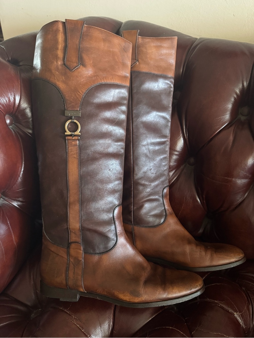 Salvatore Ferragamo Leather Riding Boots Size  11, Knee High,  Made In Italy